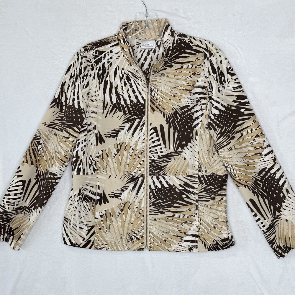 Zenergy‎ by Chicos Women's M Palm Leaf Print Zip Up Lightweight Jacket Gold Tan